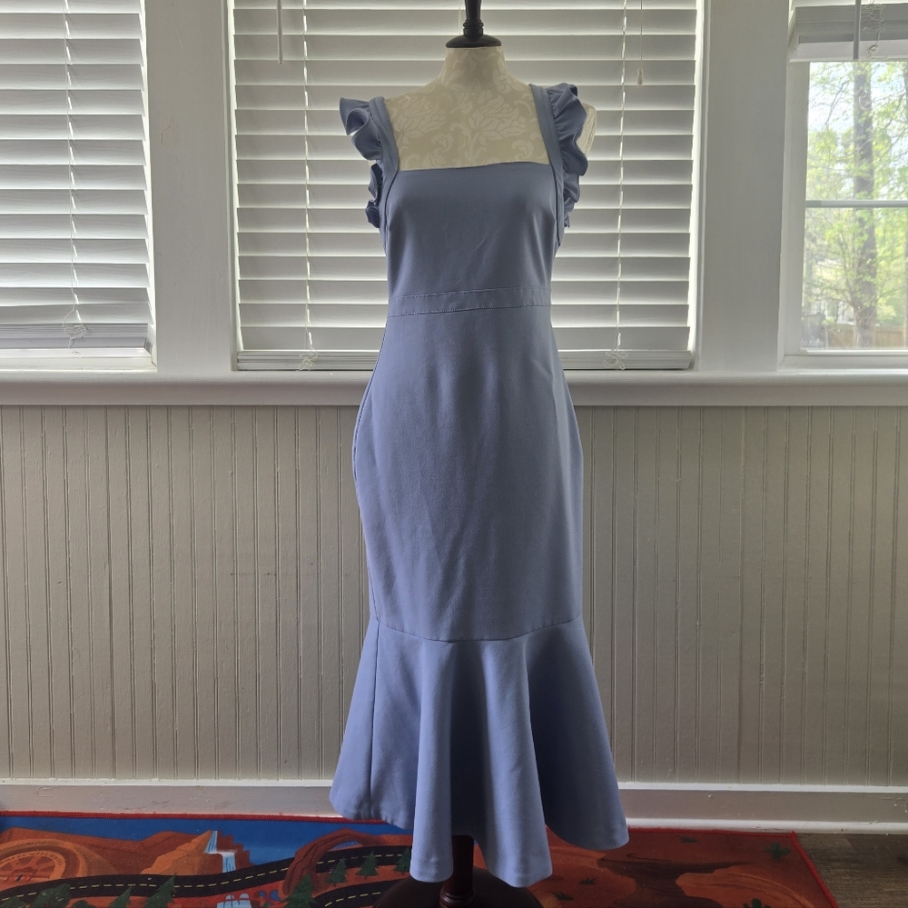 Light Blue Ruffle-Sleeve Midi Dress